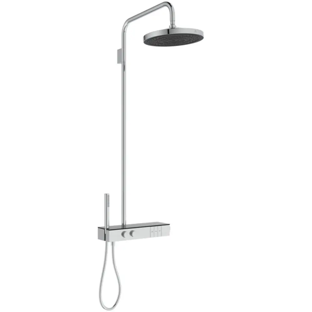 Duschsystem mit Brausethermostat in Chromoptik von Ideal Standard, bestehend aus einer Kopfbrause, Handbrause und Thermosäule zur Regulierung der Wassertemperatur.